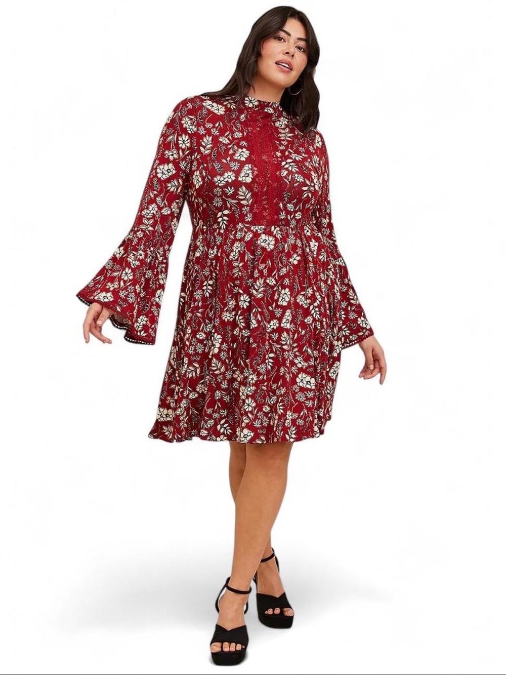 NWOT Torrid Red Floral Skater Babydoll Dress Mock Neck Bell Sleeve Size 2X - Picture 3 of 6